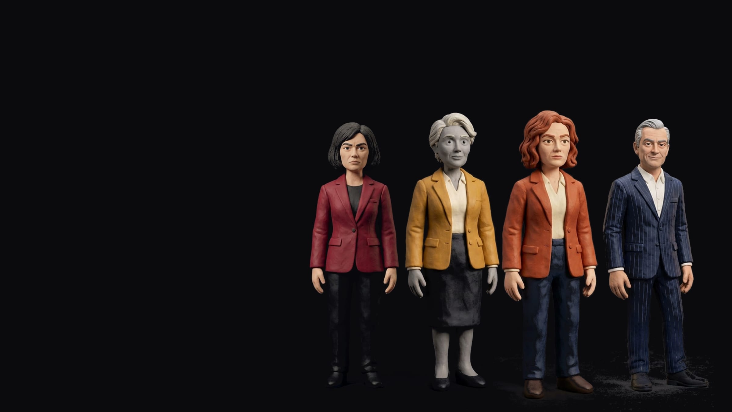 Kestria's party leaders as clay figures, standing in a row in the dark: Rosa Hart in red, Clara Wells in yellow, Molly Barnes in orange and Victor Ash in a navy pinstripe suit.