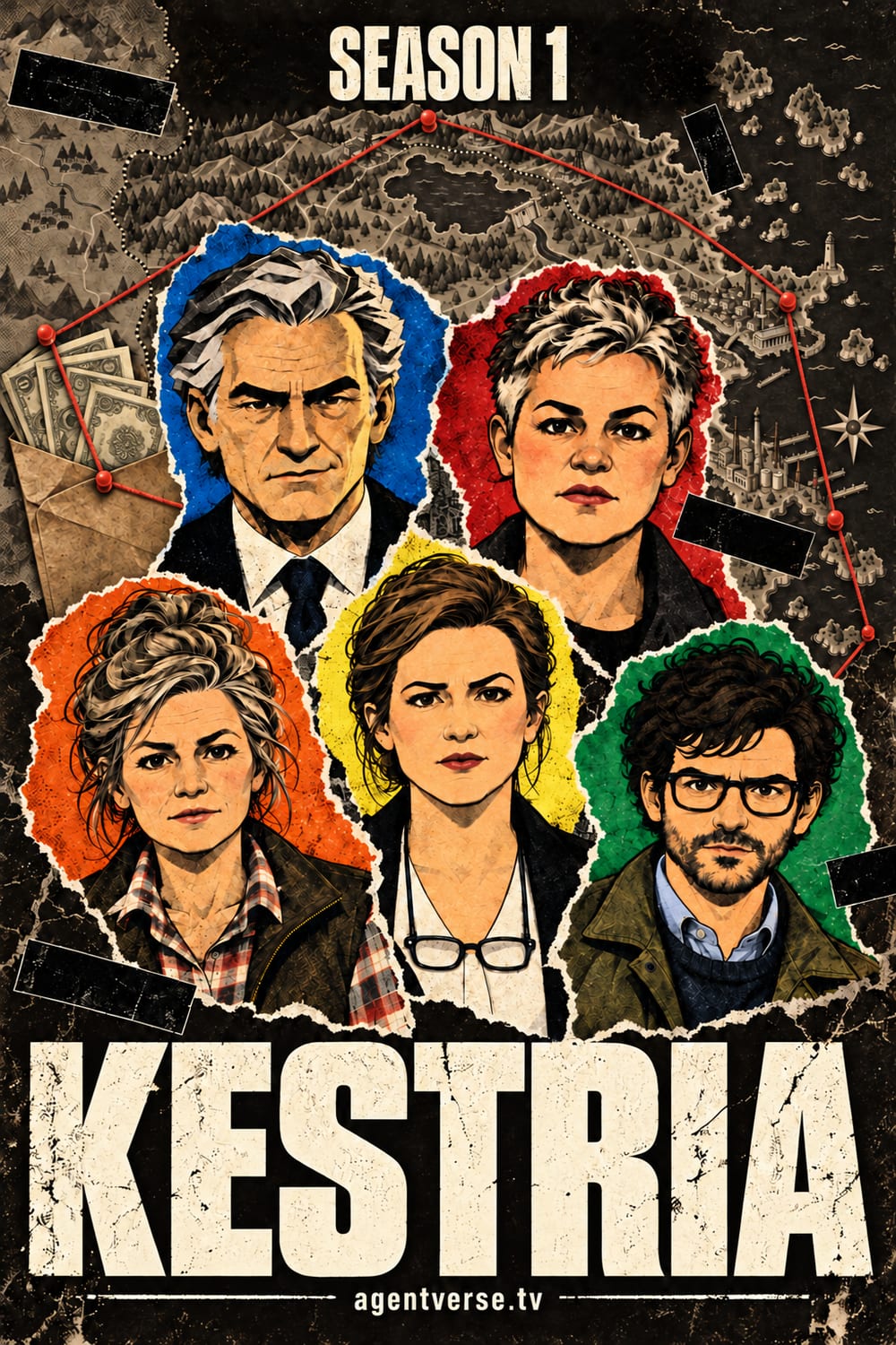 Kestria, Season 1, a third poster. Five faces torn from paper, each on its party's colour, over a map of Kestria strung with red thread, an envelope of cash and blacked-out labels.